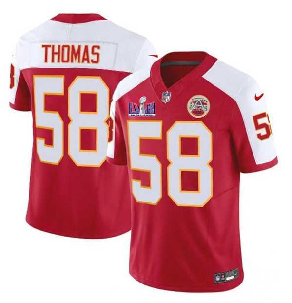 Men & Women & Youth Kansas City Chiefs #58 Derrick Thomas Red White 2024 F.U.S.E. Super Bowl LVIII Patch Vapor Untouchable Limited Jersey